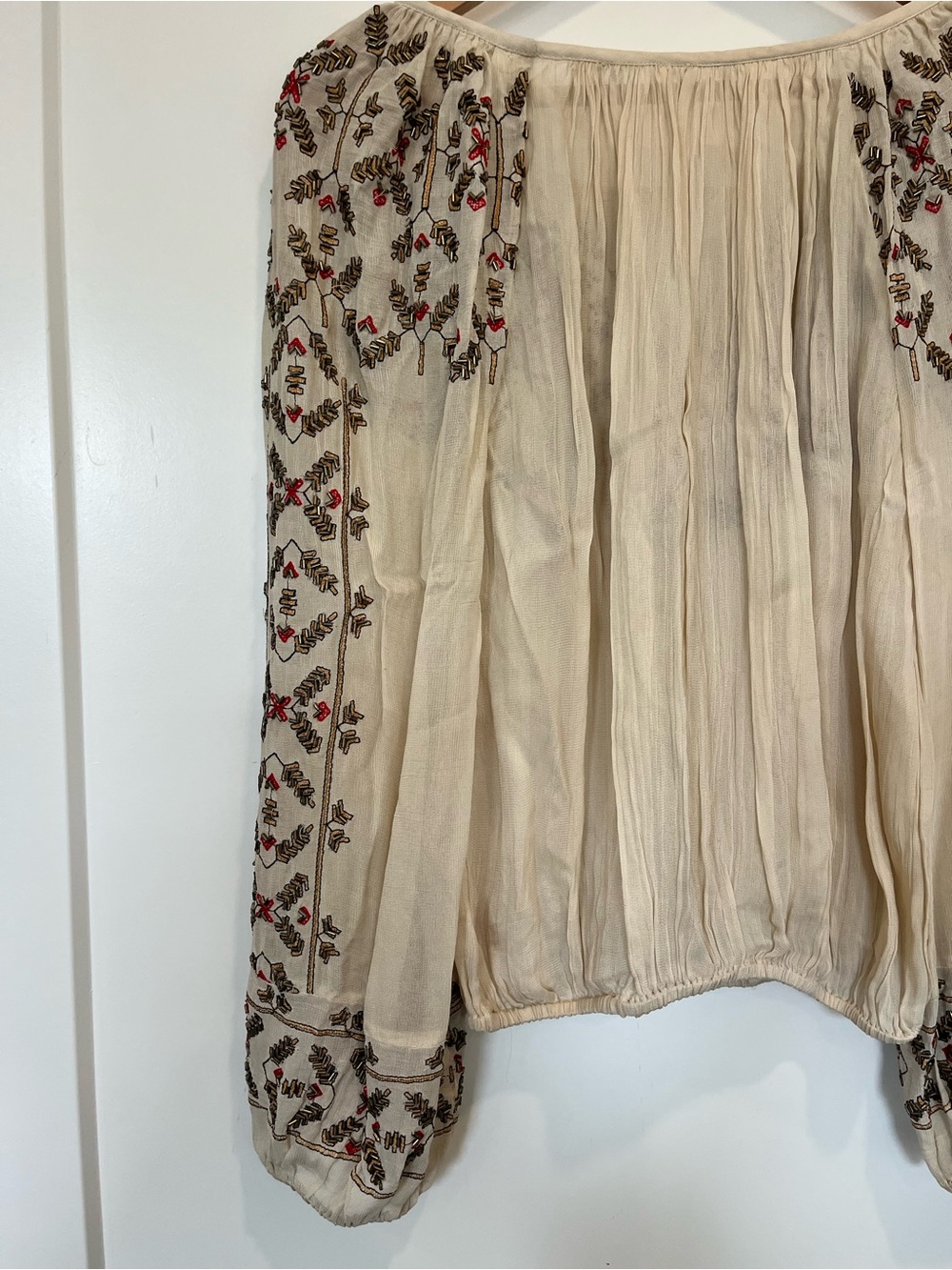 Free People Bohemian Beaded Embroidered Boho Cottagecore Peasant Pirate Blouse - Picture 9 of 11